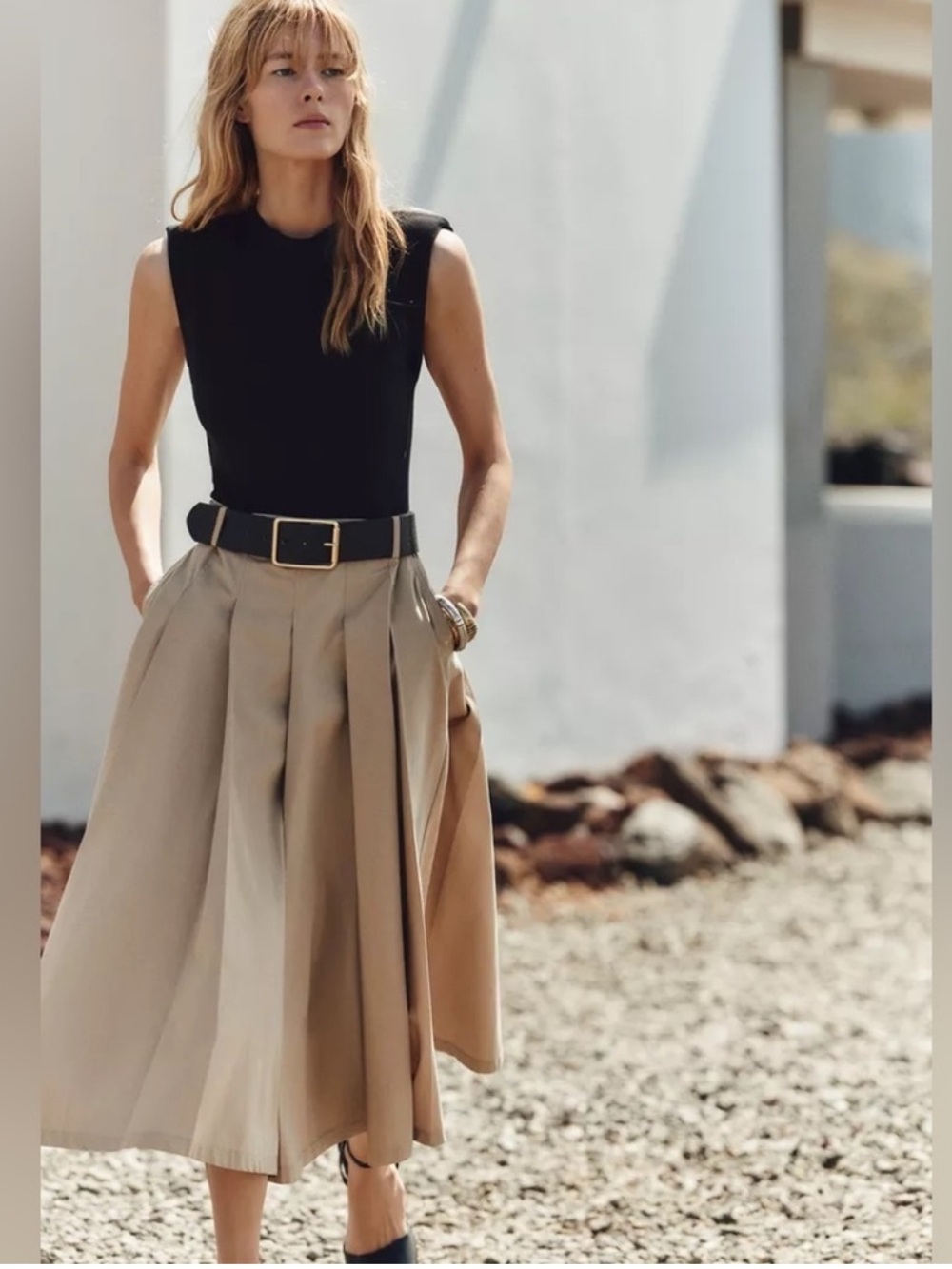 ZARA Cotton Pleated High-Waist Midi Dress with shoulder pads & belt. S NWT